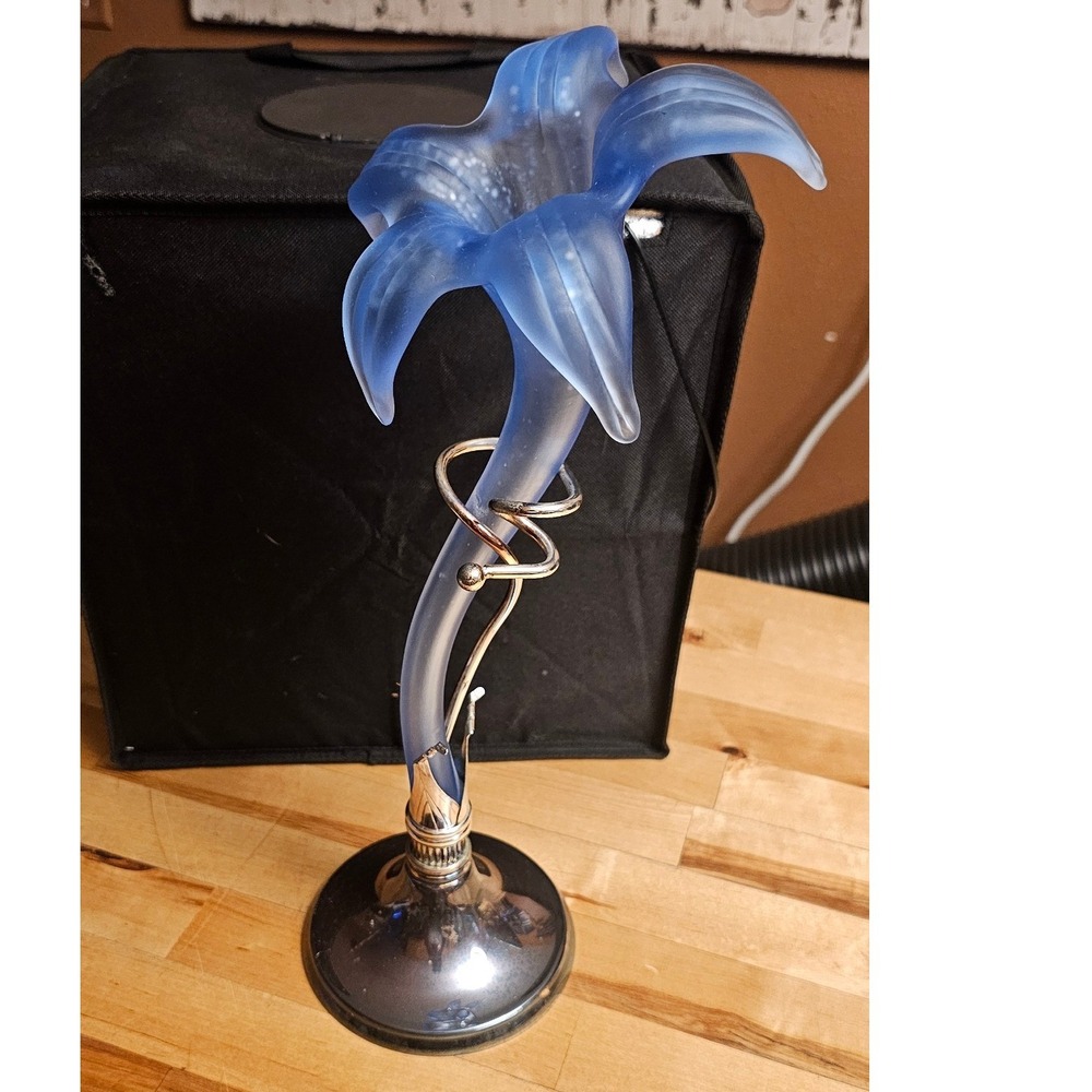 Frosted Blue Art Glass Lily Bud Vase Silver Tone Metal Base Floral Home Decor